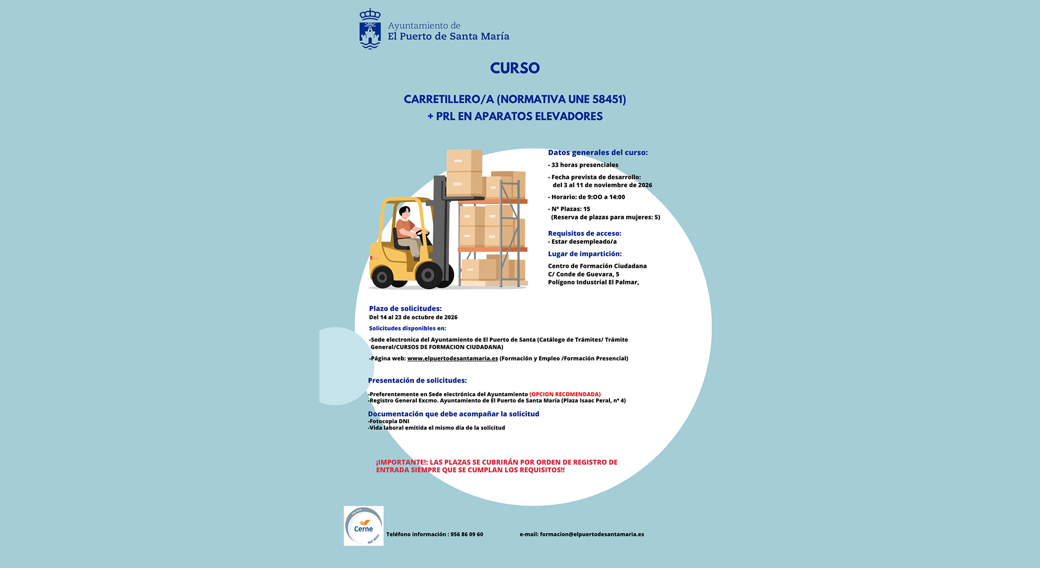 Formación Ciudadana pone en marcha un curso de Carretillero/a y PRL en aparatos elevadores