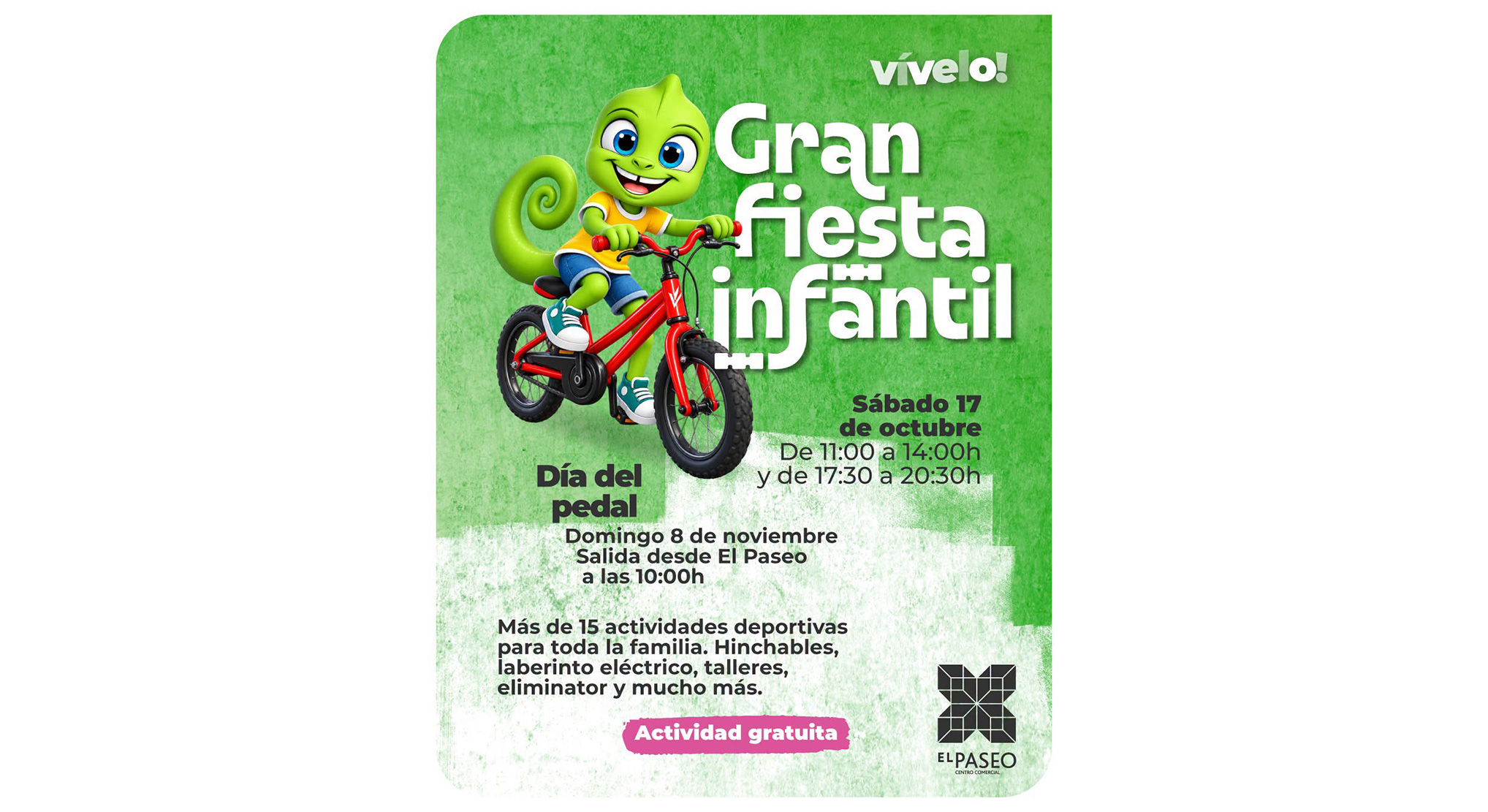 El Ayuntamiento y El Paseo mantienen la fiesta infantil del Día del Pedal 2026 y aplazan el recorrido en bicicleta al 8 de noviembre, por previsión de lluvias